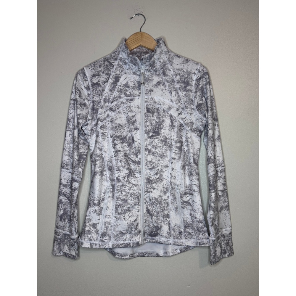 Queenieke Womens Full Zip Athletic Jacket Grey Marble‎ Print Thumbholes Size M